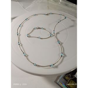 Light Blue Beaded Necklace and Bracelet Set, Handcrafted Liquid Silver Jewelry